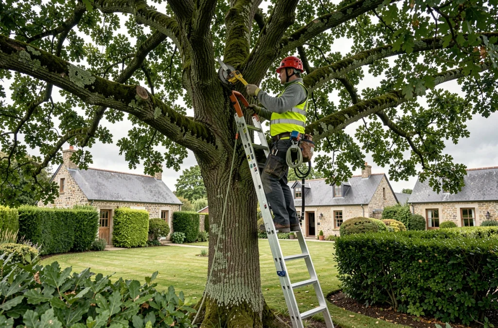Élagueur professionnel travaillant sur un chêne mature dans un jardin rural breton pour Arbelet
