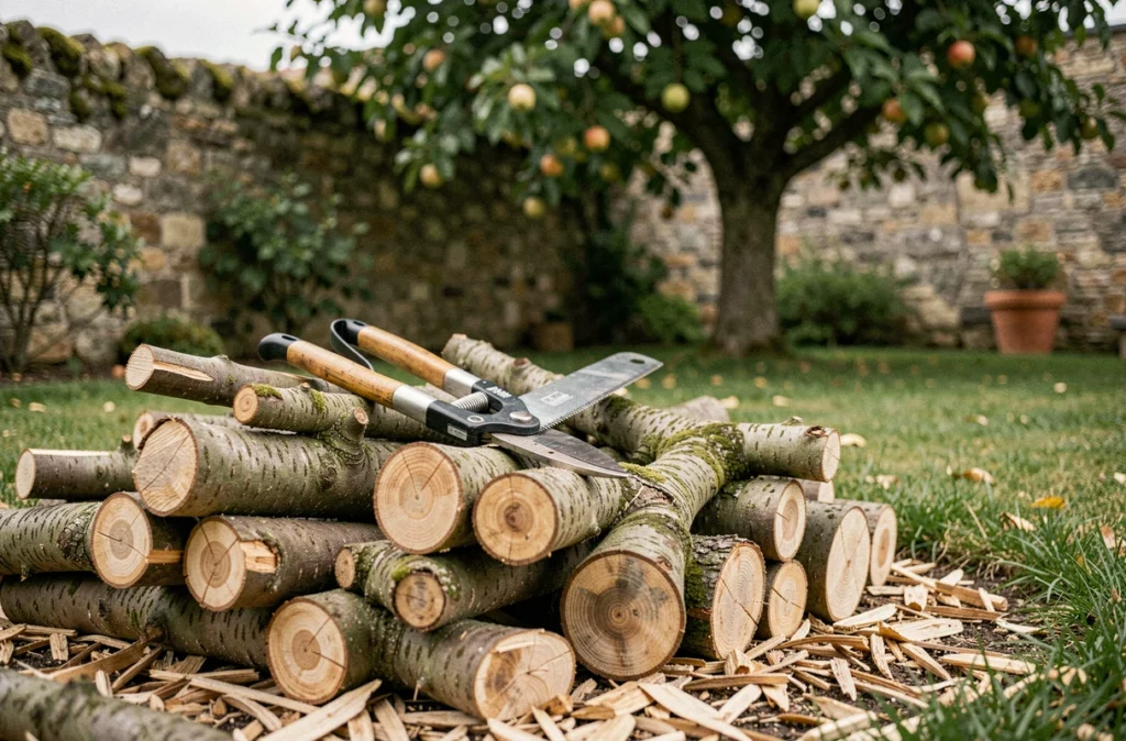 Branches élagées empilées dans un jardin avec des outils de taille professionnels posés dessus, arbre taillé visible en arrière-plan