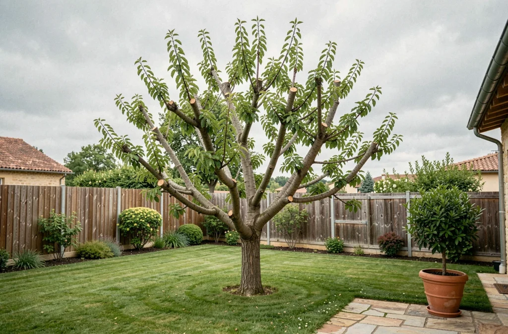 Cerisier fraîchement élagué dans un jardin privé à Tarbes avec coupes nettes visibles sur les branches