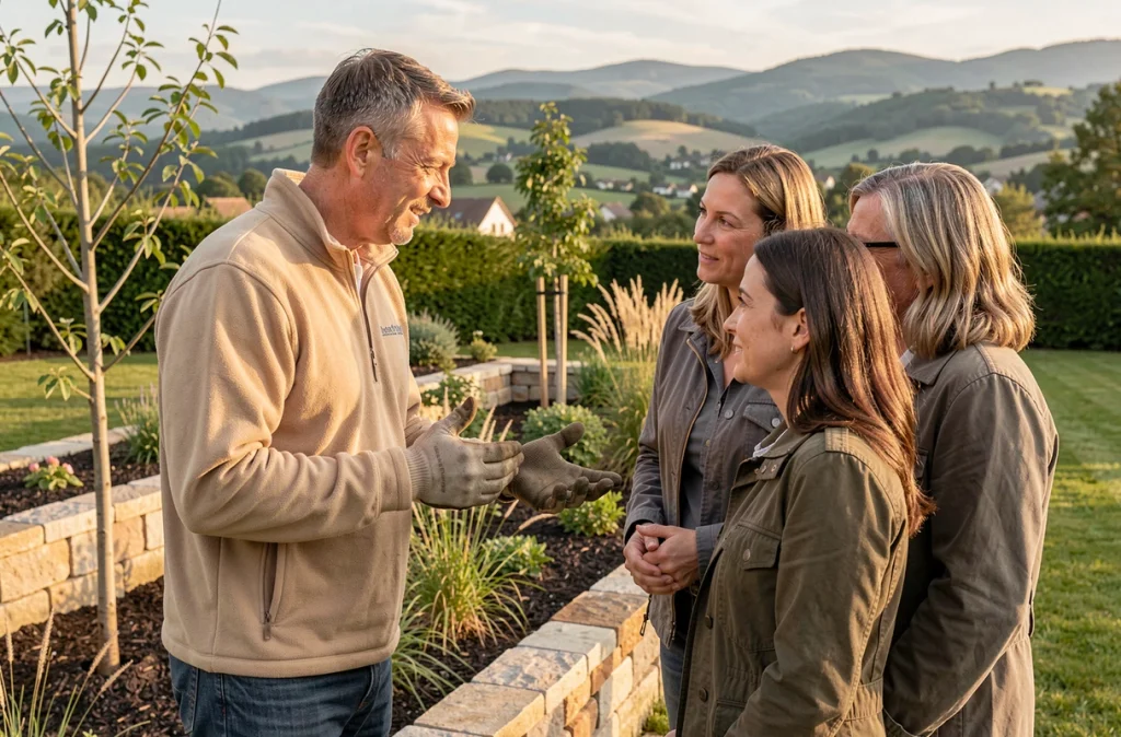 Paysagiste de Chevalier Paysage en consultation avec des clients dans un jardin près de Clermont-Ferrand