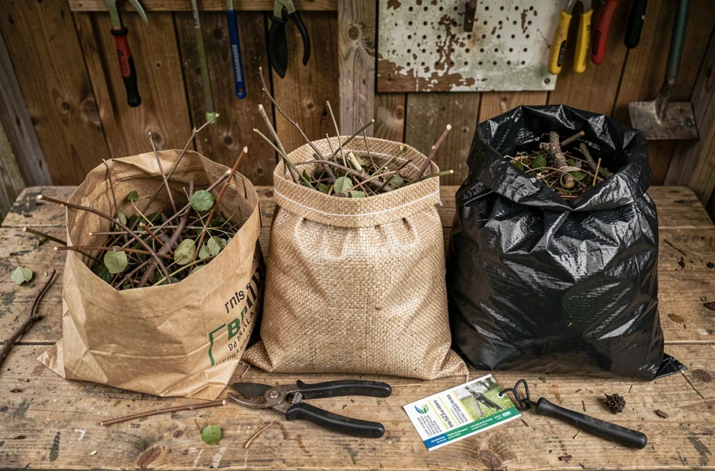 Comparatif de trois types de sacs pour déchets verts d'élagage posés sur un établi en bois dans un cabanon de jardin