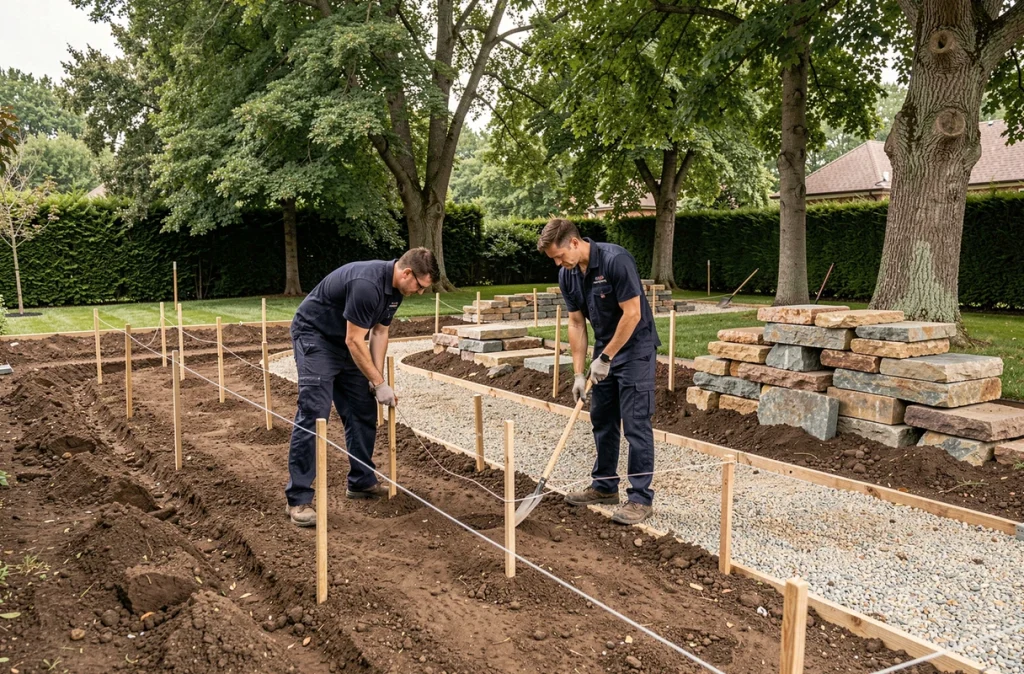 Deux professionnels de Concept Jardin réalisant l'aménagement sur mesure d'un jardin résidentiel spacieux