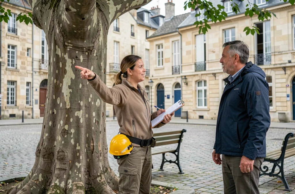 Consultante en élagage discutant du prix d'intervention avec un propriétaire devant un platane sur une place publique d'Angoulême