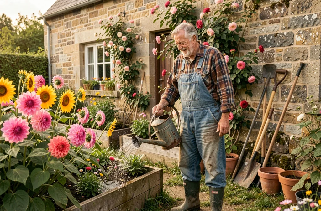 Jardinier passionné arrosant un jardin de campagne fleuri dans une ferme bretonne pour Dédé dans son Jardin