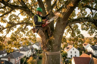 Arboriste professionnel en train d'élaguer un grand chêne en hauteur dans un quartier résidentiel d'Angoulême