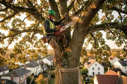 Arboriste professionnel en train d'élaguer un grand chêne en hauteur dans un quartier résidentiel d'Angoulême
