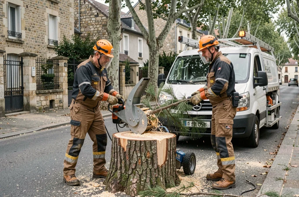 Deux élagueurs professionnels utilisant un broyeur de branches après coupe d'un pin dans une rue d'Angoulême