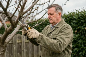 Jardinier expérimenté en train d'élaguer un cerisier au printemps avec un sécateur dans un jardin résidentiel