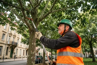 Élagueur professionnel taillant les branches hautes d'un platane en milieu urbain à Tarbes