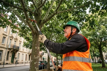 Élagueur professionnel taillant les branches hautes d'un platane en milieu urbain à Tarbes