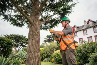 Élagueur professionnel en équipement de sécurité taillant un grand cèdre dans un jardin de Biarritz