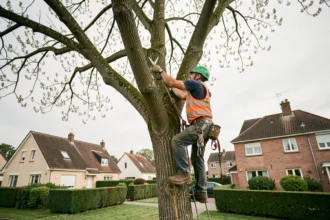 Élagueur professionnel en hauteur dans un arbre dans un quartier résidentiel d'Aulnay-sous-Bois