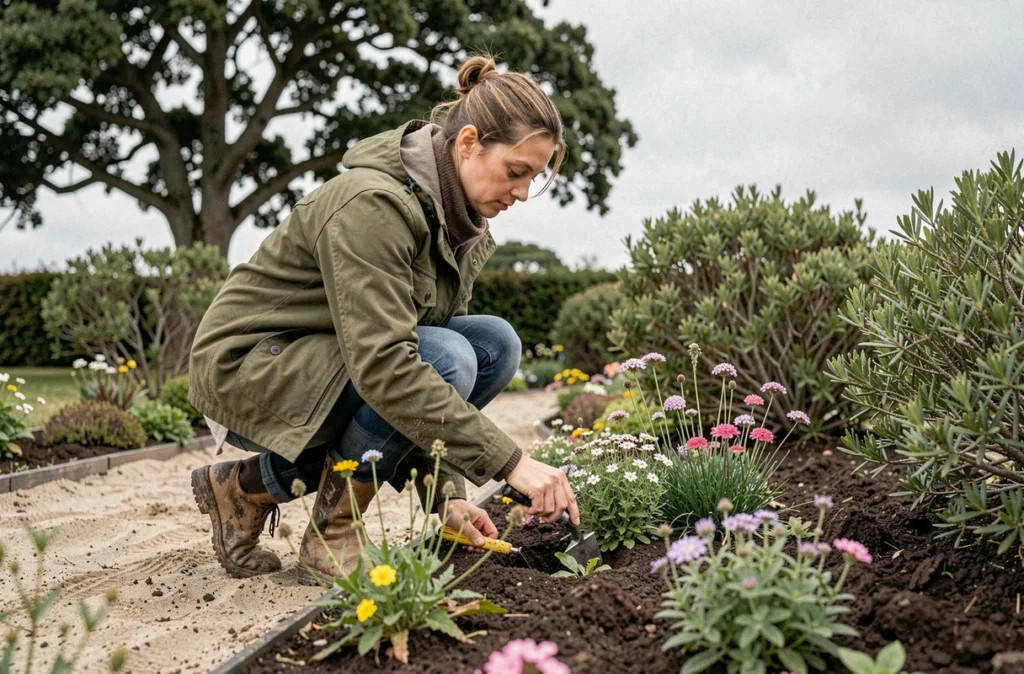 Paysagiste féminine plantant des vivaces dans un jardin côtier breton pour Emeraude Jardins