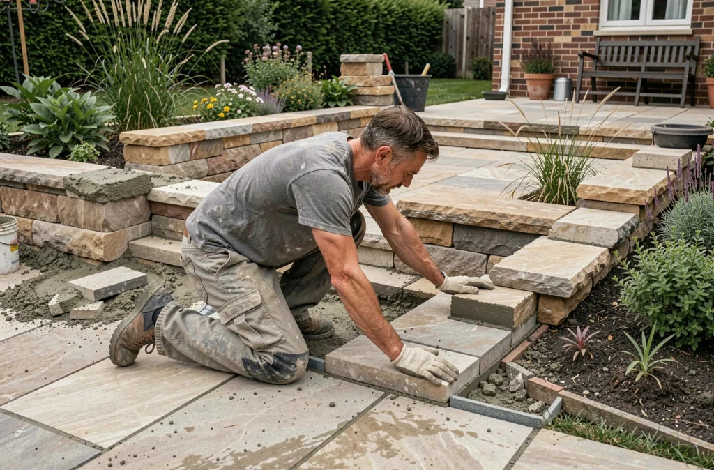 Artisan de l'Entreprise Lombardo posant des pierres naturelles pour la construction d'un mur de jardin et d'une terrasse