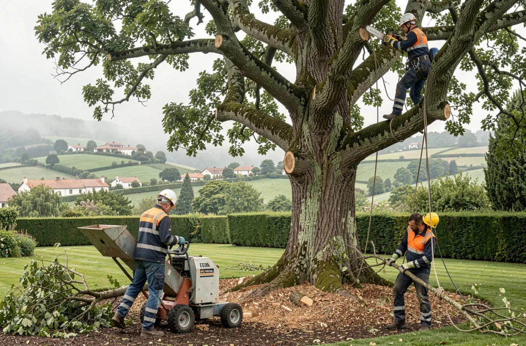 Équipe complète d'élagage au travail sur un grand chêne dans un domaine privé à Biarritz