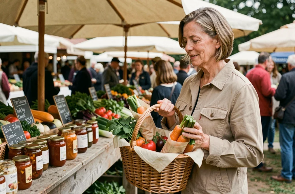 Femme au marché fermier avec un panier en osier rempli de légumes frais et emballages réutilisables dans une démarche zéro déchet
