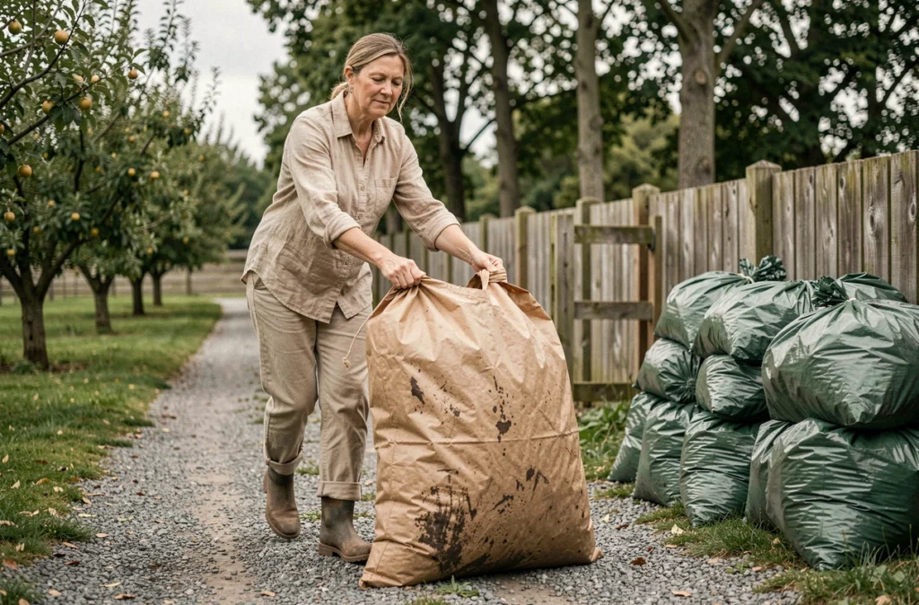 Femme tirant un sac kraft rempli de déchets d'élagage le long d'un chemin de gravier vers une zone de collecte dans un jardin rural