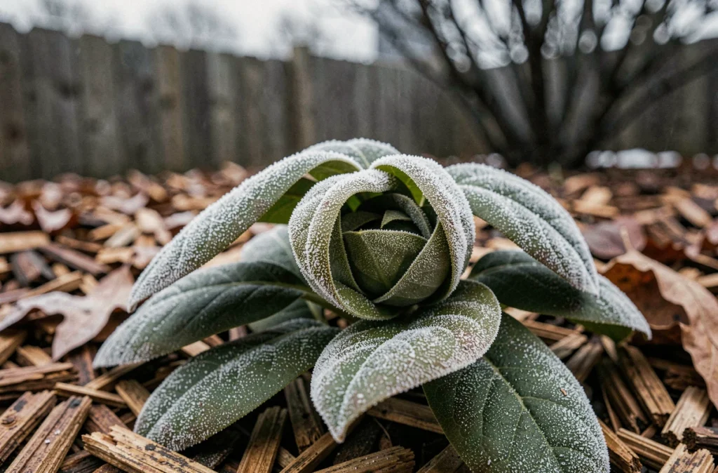 Feuilles de rhododendron recroquevillées sous le gel avec paillage de protection au pied du plant