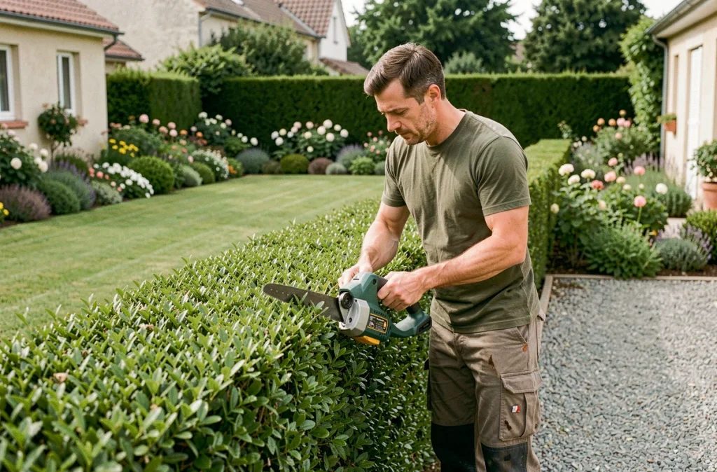 Jardinier de Formules Jardins effectuant la taille d'une haie dans un espace vert résidentiel entretenu