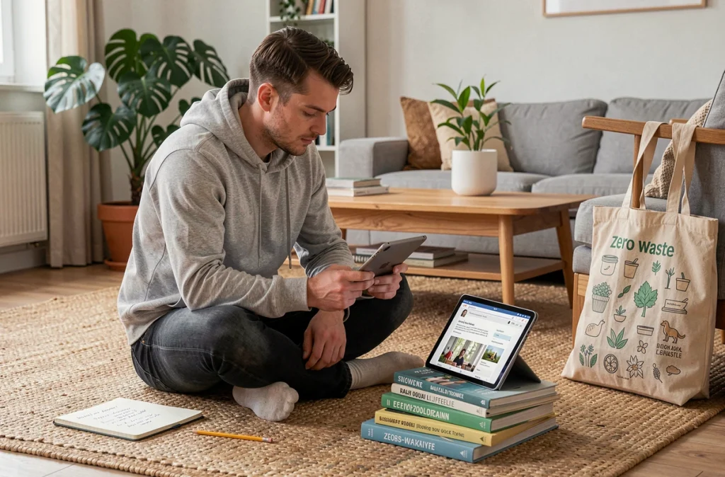 Homme consultant un site d'abonnement zéro déchet sur une tablette dans un salon scandinave avec des livres et un carnet de notes