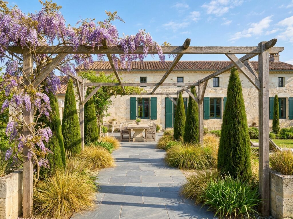 Jardin paysagé aménagé à Bordeaux avec pergola en bois, cyprès taillés et dallage en ardoise grise