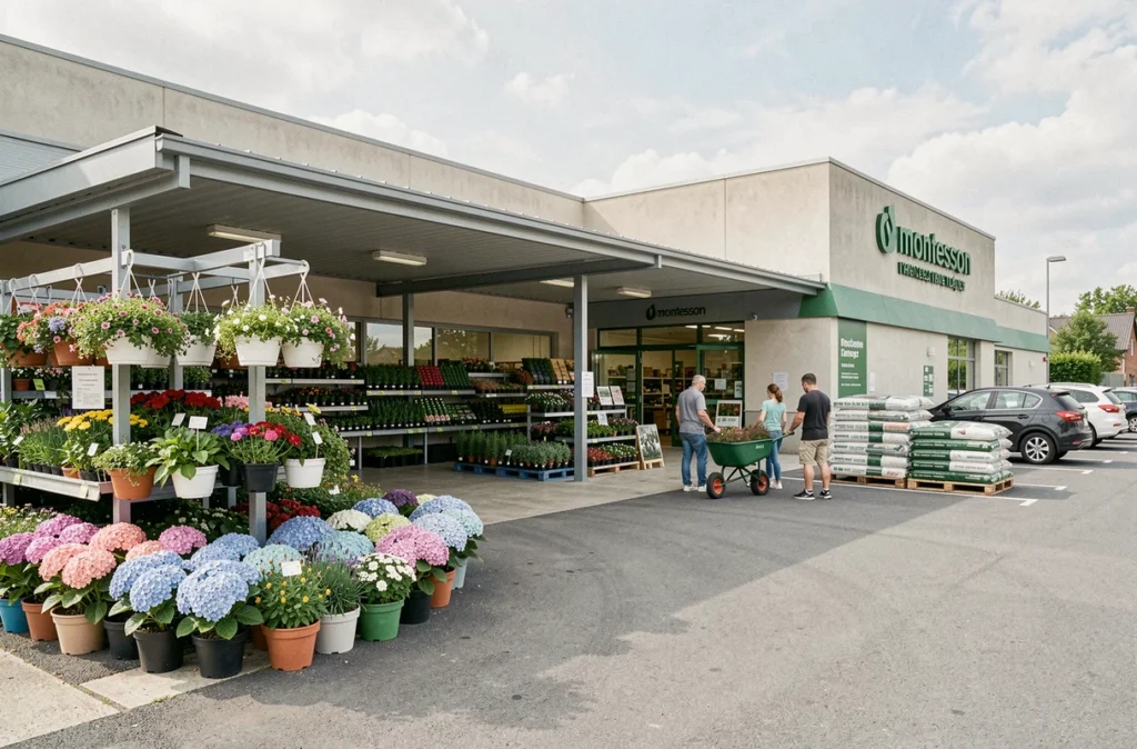 Espace extérieur de vente de plantes à la Jardinerie de Montesson avec des familles et des fleurs saisonnières en suspension
