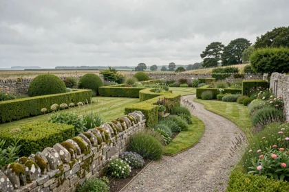 Vue panoramique d'un jardin breton entretenu avec des haies taillées, des murs en granit et des plantes locales