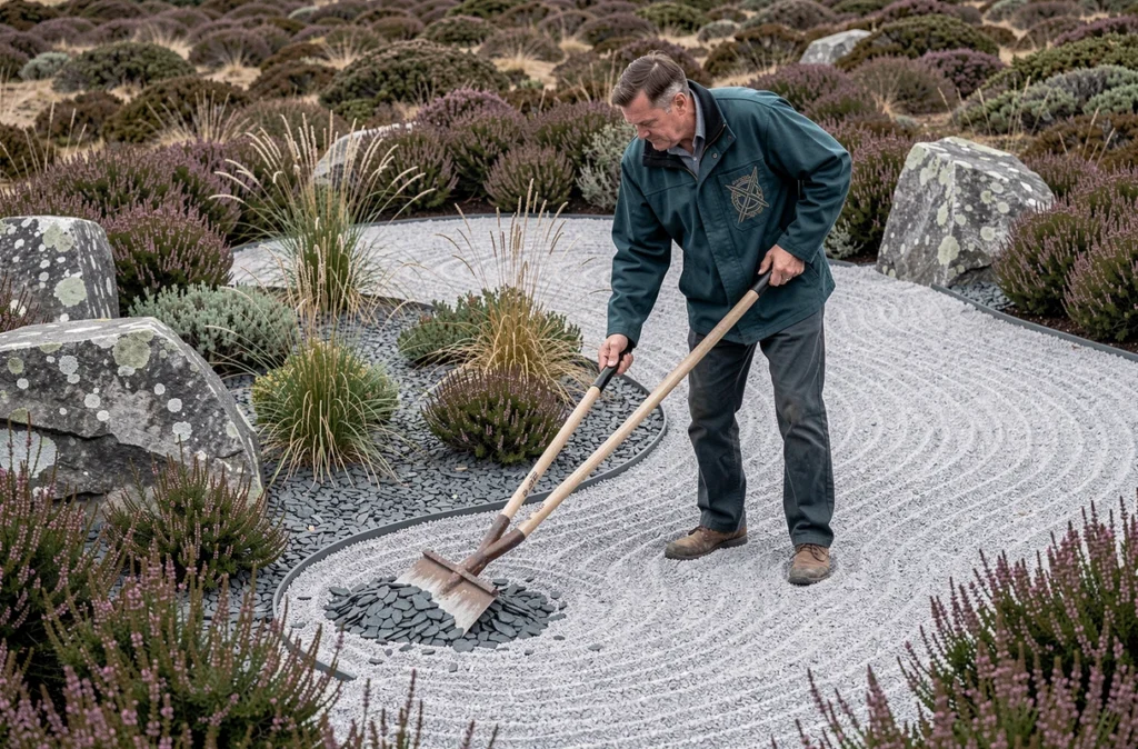 Jardinier entretenant un jardin zen aux inspirations celtiques et bretonnes pour Keltia Jardins