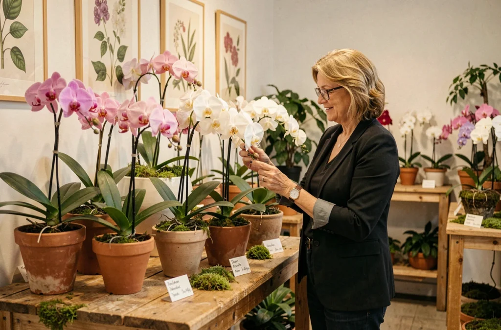 Cliente examinant une orchidée exotique dans la boutique spécialisée La Cour des Orchidées en Île-de-France