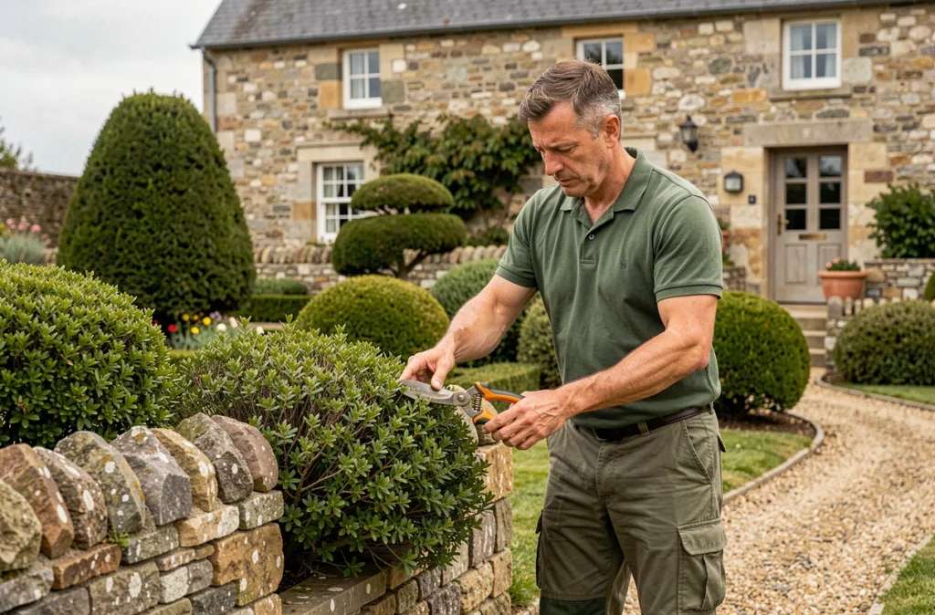 Jardinier professionnel taillant des arbustes ornementaux dans un jardin breton pour Les Jardins de Bretagne