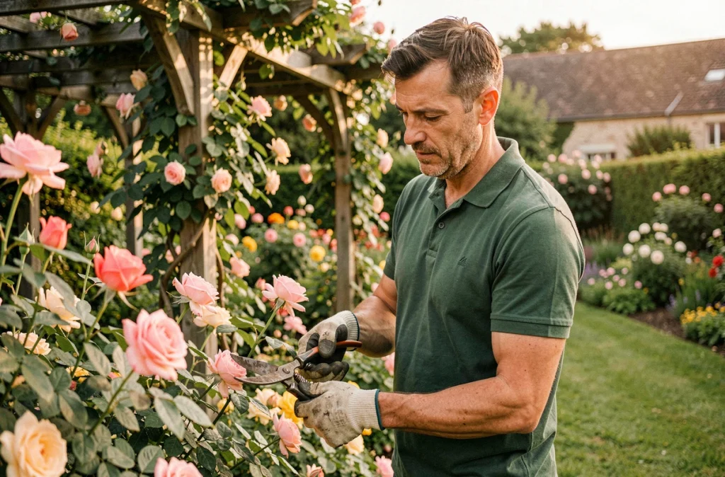 Julien, paysagiste des Jardins de Julien, taillant des rosiers dans un jardin privé soigné et fleuri