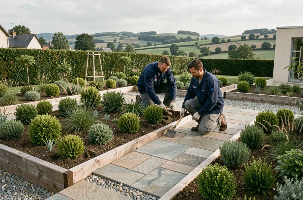 Équipe de LRB Paysage installant une allée en pierre dans un jardin nouvellement aménagé avec des plantations ornementales