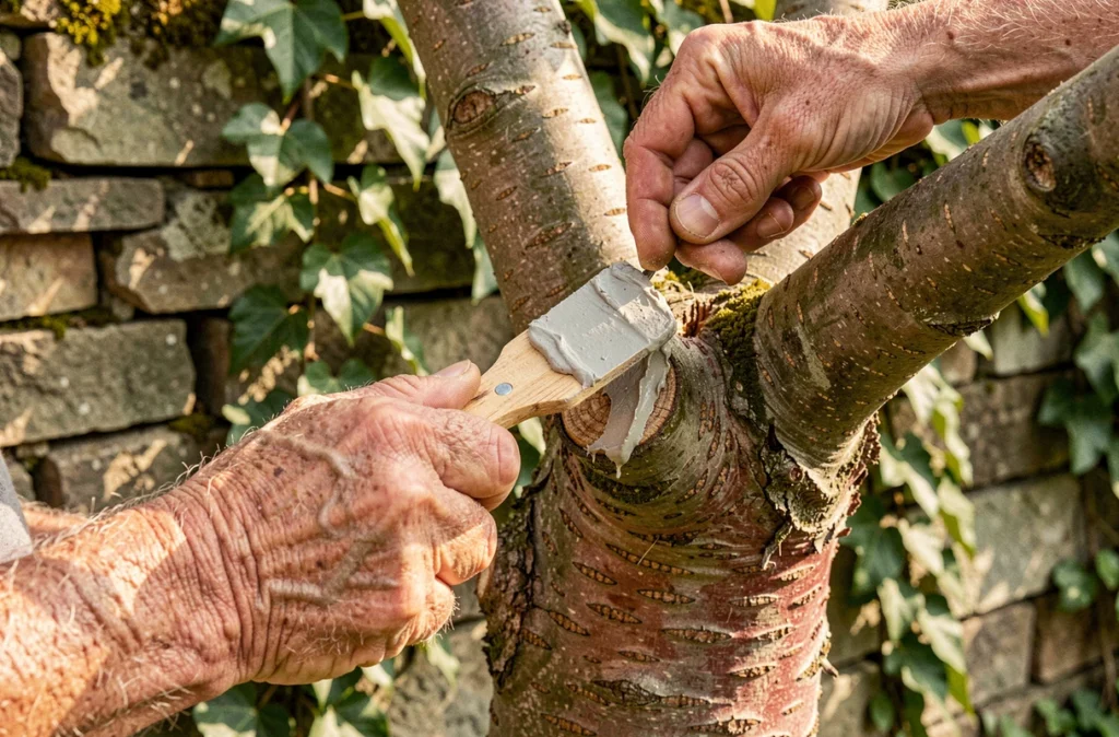 Mains d'un jardinier appliquant un mastic cicatrisant sur une plaie de taille d'un cerisier pour le protéger