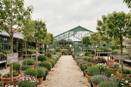 Vue panoramique d'une pépinière en Île-de-France au printemps avec des allées de plantes en pot et une serre en arrière-plan