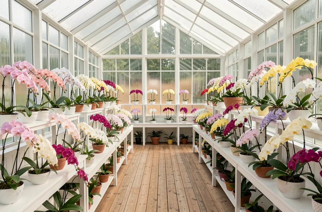 Intérieur d'une serre spécialisée en orchidées avec des Phalaenopsis en fleurs aux Orchidées du Val d'Yerres