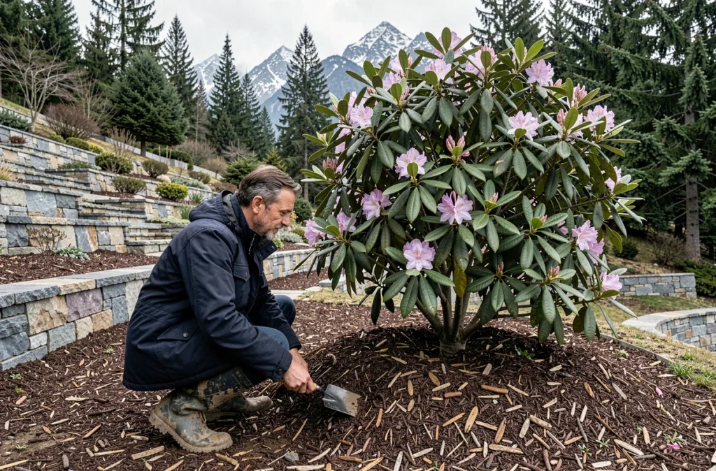 Jardinier appliquant du paillage au pied d'un rhododendron en milieu montagnard pour le protéger du froid