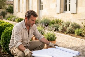 Paysagiste professionnel examinant des plans d'aménagement dans un jardin bordeaux avec façade en pierre calcaire