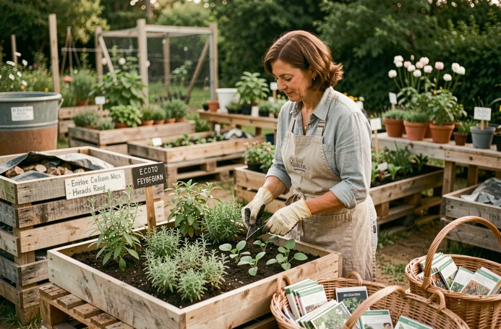 Jardinière en tablier de lin soignant des plants biologiques aux Jardins d'Ollivier, pépinière biologique en Île-de-France