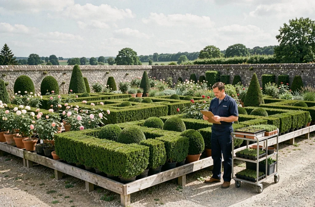 Professionnel du paysage devant des rangées de buis taillés et rosiers chez les Pépinières Allavoine en Île-de-France