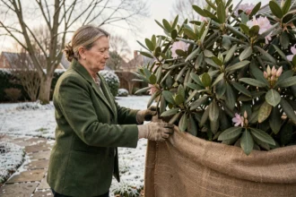 Jardinière protégeant un rhododendron avec de la toile de jute en hiver dans un jardin enneigé