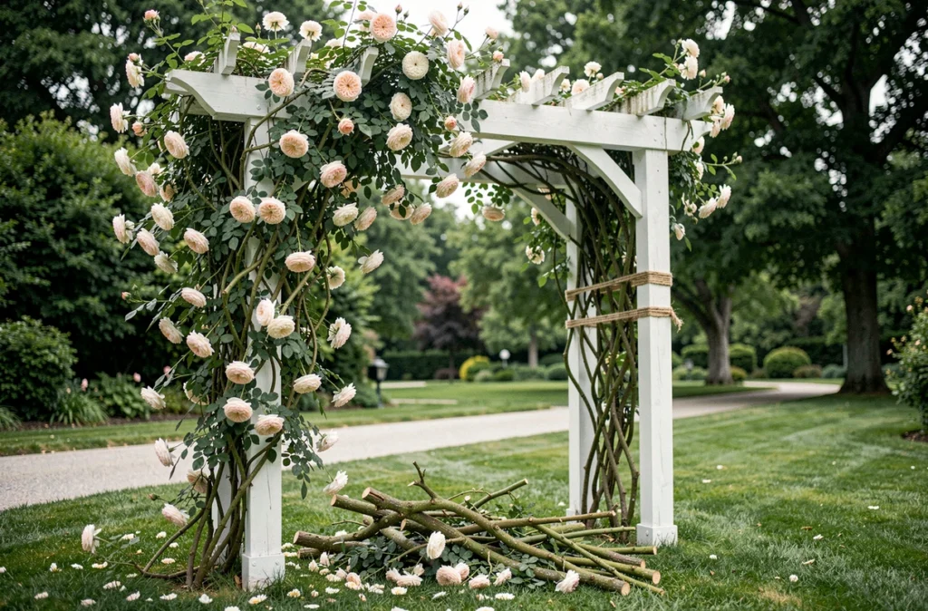 Pergola avec rosier grimpant taillé d'un côté et envahissant de l'autre, comparaison avant après taille