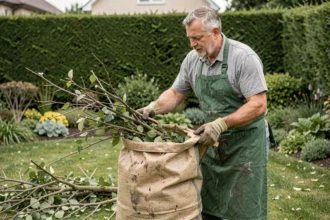 Homme qui charge des déchets d'élagage dans un grand sac en polypropylène tressé dans un jardin résidentiel