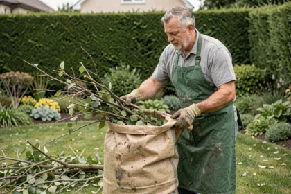 Homme qui charge des déchets d'élagage dans un grand sac en polypropylène tressé dans un jardin résidentiel