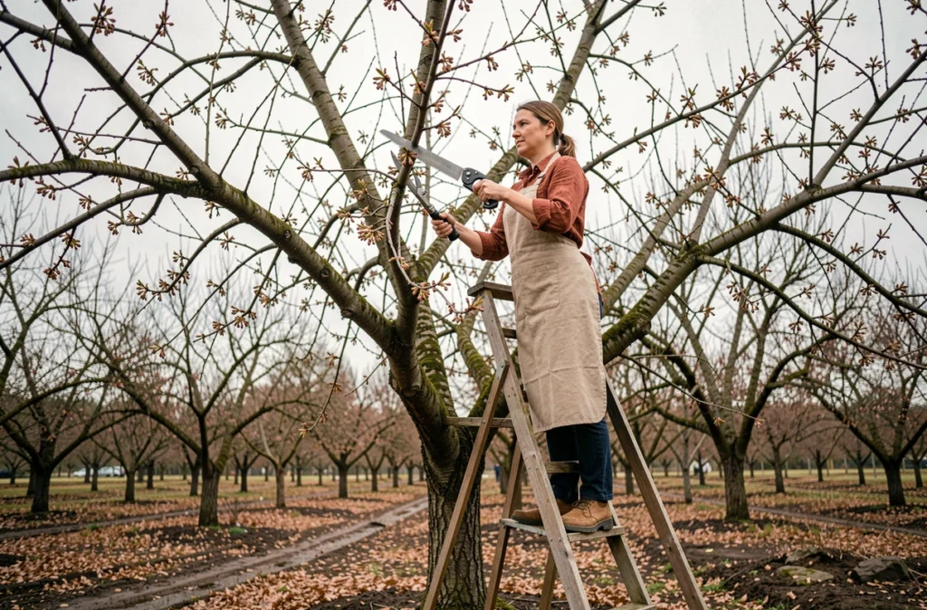 Femme sur un escabeau en bois taillant les branches hautes d'un cerisier mature dans un verger au printemps