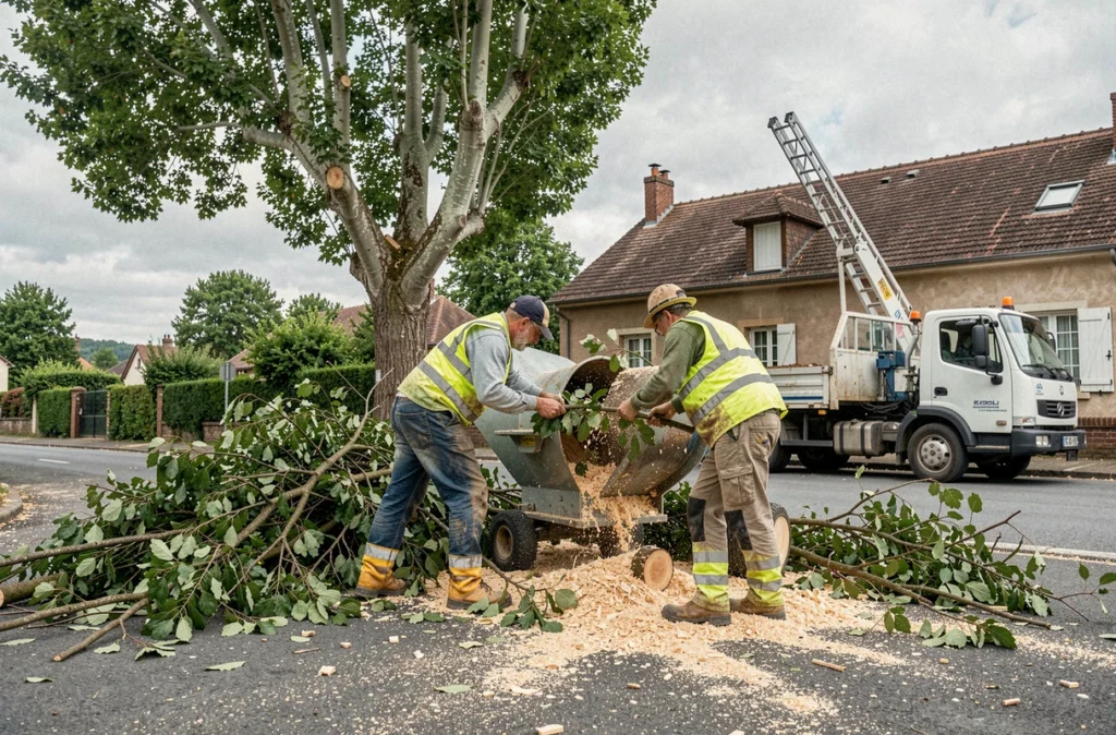 Ouvriers au sol broyant des branches après un élagage d'arbre dans une rue de Tarbes