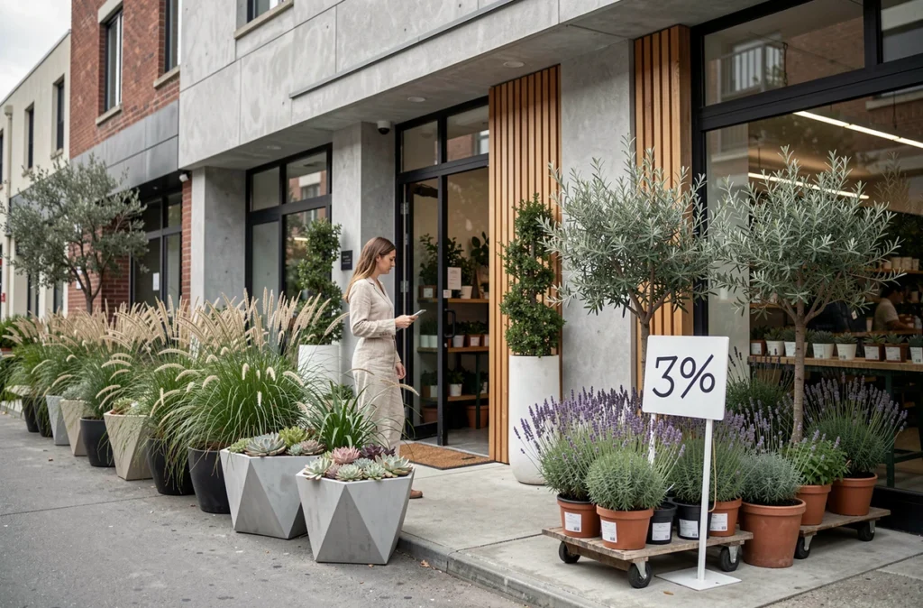Façade contemporaine de la jardinerie Verte Ligne avec des plantes méditerranéennes en pot et une cliente en tenue de lin