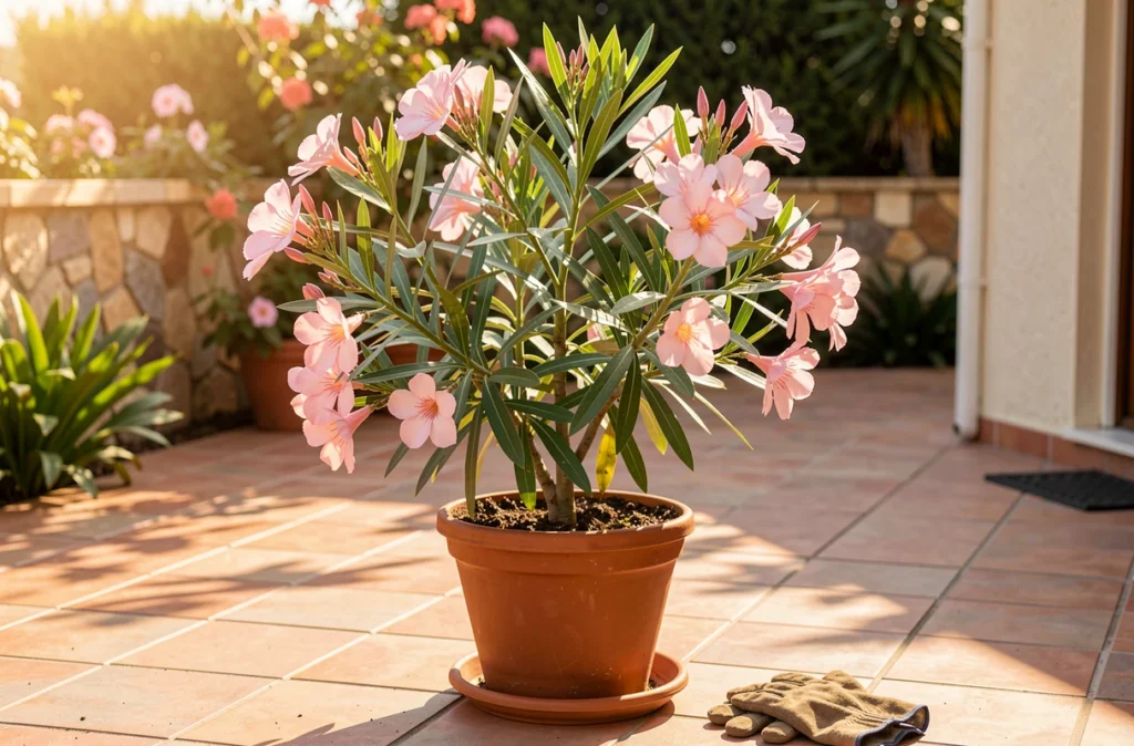 Laurier rose en pot de terre cuite sur une terrasse ensoleillée