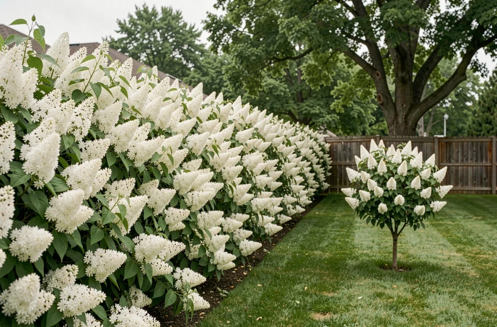 Haie de lilas du Japon en fleurs avec un spécimen isolé en arrière-plan dans un jardin résidentiel
