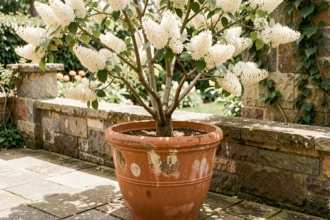 Lilas du Japon en pot sur une terrasse en pierre avec fleurs blanches en pleine floraison